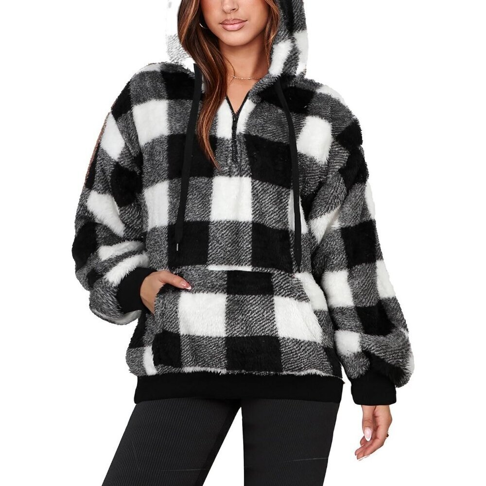 Women Black and White Plaid Oversized Fuzzy Fleece Zip up Hoodie Sweatshirt